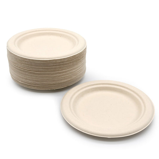 50Pack Natural Color 100% Compostable Heavy-Duty Disposable Paper Plates Biodegradable Eco-Friendly Sugarcane