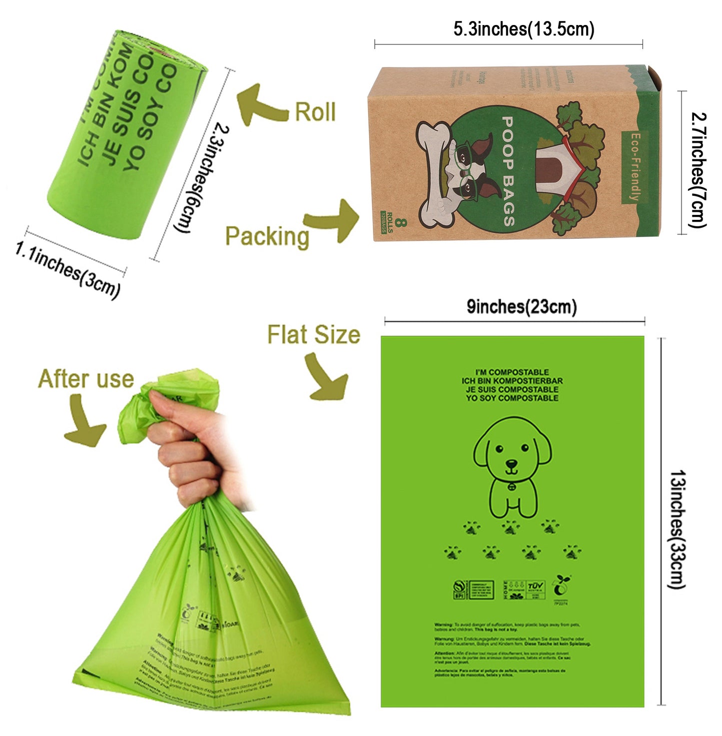 Compostable Dog Poop Bags Rolls Unscented Doggie Waste Bags Leak Proof Easy to Tear